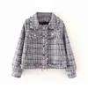 Mode Tassel Tweed Jassen Dames Patch Designs Lange Mouwen Plaid Jacket Dame Bovenkleding Turn Down Collar Casual Tops Abrigo Mujer 210515