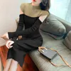 Slim Torba Hip Koreański Kolor Dopasowywanie Sweter Dzianiny Dress 2021 Jesień Wygodne Back Slit Drut Dress Elegant Odzież Kobiety Y1204