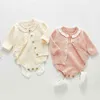 Gebreide kleding meisje gebreide romper baby baby jumpsuit mooie mode prinses lange mouw jas + romper pak 2 stks 210417