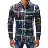Kolorowe paski kratki koszulki dla mężczyzn dorywczo slim fit męskie shirt button social streetwear mężczyźni koszulka z długim rękawem koszulka homme 210524