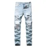 Denim byxor rakt tvättas med pläterade rippade hål knapp skinny biker jeans blå 2020 smal passform jeans män byxor x0621