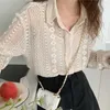 Camicia antiscivolo coreana chic francese morbida con scollo tondo per industria pesante, pizzo cavo, allentata, sottile, con maniche a palloncino 210529