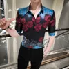 夏の花の格子縞のシャツの男性カジュアルスリムフィット半袖ドレスシャツブランドストリートウェアソーシャルブルスナイトクラブパーティー服210527
