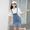 Jeans Vestidos para Menina Estudante Ajustável Cinta Botão Multi-Pocket Coreano Verão Denim Mini Solto 210604