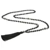 Mala Beads 6mm Pietra vulcanica Annodata Meditazione Gioielli semipreziosi Uomini e donne Collana con ciondolo pendente con nappa nera N288h