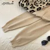 Lzequella Moda Retro Kobiety Kostiumy Knited Leopard Z Długim Rękawem O-Neck Sweter Lace Up Waist Pocket Pants2 Sztuk Zestaw Streetwear Y0625