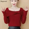 Maglione rosso autunno inverno Maglione a maniche lunghe in cotone Maglioni da donna Maglioni casual coreano Slash Neck Pullover Pull Femme 11488 210512
