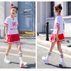 Summer Teenager Girls 2-pcs Sets Short Sleeves Letters T-Shirt + Elastic Skirts Sports Style Kids Clothes E2072 210610