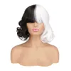 Nieuwe Movie Cruella Pruik Short S Voor Halloween Cosplay Dames Zwart Wit Synthetisch Haar + Cap Y0913