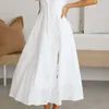 Biała elegancka boczna sukienka dzielona dla kobiet kwadratowy kołnierz puff krótki rękaw koronki w górę bowknot maxi sukienki kobiece lato 210531
