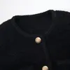 [DEAT] Collier à col rond à manches longues Solid Black Short Slim Tweed Veste de costume Femmes Mall Goth Corée Mode Printemps GX718 210428
