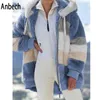 Kadın Kış Coat Rahat Moda Dikiş Ekose Bayanlar Giysi Fermuar Kapşonlu Kuzu Saç Kadın Ceket Hoodie 210803