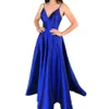 Robes simples bleu royal satin robes de bal avec poches 2022 une ligne vcou spaghetti sangle formelle robes de soirée dos ouvert femmes sp