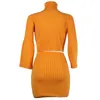 Seksowne 2 sztuk Zestaw Mini Spódnicy Stroje Crop Top Flare Rękaw Sweter Sukienka Kobiety Jumper Garnitur Rib Winter Orange Blazer Dzianiny 210517