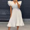 Women Sexy Wrap V Neck Office Mini Dress 2022 Summer Flying Sleeves Pleated Party Dress Spring Solid Draped A-Line Dresses Belt Y1204