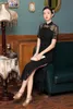 Ethnische Kleidung Sexy schwarze Spitze formelle Partykleid Kleid Dame Mandarin Kragen chinesischen Stil Cheongsam Blume Vintage Knopf Qipao Mantel Weste