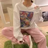 Koreański styl Duży druk z długim rękawem Kobiet cienkie luźne bluzy Damskie Streetwear Ubrania (F4102) 210423