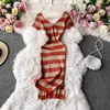 Sexy V Neck Short Sleeve Split Knitted Dress Women Chic Slim High Waist Wrap Hip Bottom All-match Elegant Retro Casual Elastic 210610