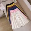 Summer Cotton Line Shorts With High Waist Loose Wide Leg Shorts For Women Knee Length Straight Cotton Short Female Plus Size 3XL 210611