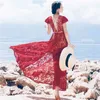 Ankomst röd spets ihålig ut sommarklänning Kvinnors söta sexiga backlösa semester långa klänningar robe 210520