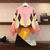Plus Size Winter Plaid 2 Piece Skirt Suits Women Half-high Collar Sweater + Mini Warm Fashion Korean 2 Pcs Sets 210513