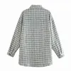 Dames Vintage Houndstooth Plaid Wollen Jas Femme Lange Mouw Double Pockets Patch Casual Jas Chic Tops 210520