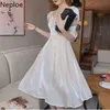 Neploe Korean White Dress for Women Puff Sleeve Vintage Woman Vestidos Squared Collar Party Dresses High Waist Ladies Long Robe 210422