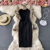 Printemps et automne français rétro robe femme élégante points volants à manches longues net fil épissage noir enveloppe pour dames 210514