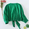 Tangada Women Retro Green Embroidery Romantic Bow Crop Blouse Shirt Three Quarter Sleeve Chic Female Shirt Tops 6H54 210609