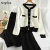 Neploe Sweet Cute Suit O-neck Chic Exquisite Button Panelled Knitted Cardigans + Straight Wide Leg Pants Autumn 2 Piece Set 210423