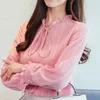 Autumn/spring Fashion ladies long shirt Striped Women Chiffon Blouses Bow Tops Ruffled Collar Clothing 5402 50 210427