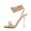 Sandalias 2021 Verano Moda Diseño Tejido Mujeres Transparente Extraño Tacones Altos Señoras Cruzadas Atadas Pozo Abierto Zapatos
