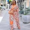 Ethnic Clothing 2 Piece Set African Clothes Women Robe Split Long Tops Boubou Fashion Leopard Print Elegant Streetwear Dress Pant Suits