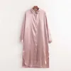 Femmes été élégant Satin robe solide à manches longues col rabattu mode femme rue chemises robes vêtements Vestidos 210513