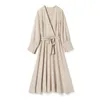 Bea Beige V-Emper Empire Sash Chiffon Wrap платье с длинным рукавом длина колена сплошной старинный элегантный D1686 210514