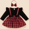 ファッション子供女の子服セット秋の子供女の子の赤ちゃん飛んでいる袖Tシャツ+ Plaid Aラインスカート+弓ヘッドバンドクリスマス服