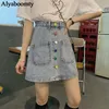 Saias 2022 estilo coreano verão mulheres mini saia alta cintura azul denim bodycon a linha elegante vintage com botões coloridos