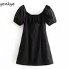 Słodkie Kobiety Front Lace Up Black A-Line Mini Dress Lady V Neck Krótki Rękaw Summer Vestidos DDOM9183 210514