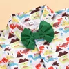 여름 어린이 패션 짧은 소매 인쇄 공룡 활 T 셔츠 녹색 솔리드 반바지 캐주얼 2pcs 소녀 의류 1-7t 210629