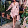 DEAT Spring Long Sleeve V Neck Pink Floral Print Hollow Out Ruffled Knee Length Chiffon Dress Women MH842 210630