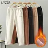 LYZCR Woolen Women Winter Pants Thick Warm Vintage Autumn Thicken Feleece Trousers Harem For Velvet s 211102