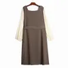 [EAM] Women Brown Big Size Sashes Bow Spliced Dress Square Neck Puff Sleeve Loose Fit Fashion Spring Autumn 1DD7242 21512