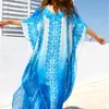 Cotton Kaftan Beach Dress Blue Tunic Women Summer Plus Size Beachwear Printed Caftan Swimsuit Cover-ups Long Robe De Plage Sarongs