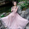 Lange Vrouwen Roze Jurk Elegant Mesh Vintage Chinese Stijl Hanfu Voile V-hals Enkle-length Mouw Avondfeest 210603