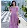 Ligth Purple Lace Bellflower Dress Woman Summer Short Puff Sleeve Square Neck Slim Vacation Holiday Female Party 210603