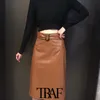 Mulheres Chic Moda Com Cinto Faux Leather Midi Saia Vintage Alto Cintura Zíper Saias Femininas Mujer 210507