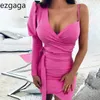 Ezgaga Mini Elbise Kadın Bir Kollu V Boyun Düşük Kesim Pembe Parti Elbise Dantel-up Backless Seksi Bodycon Balo Zarif Vestido Feminino 210430