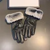 Luxe konijnenbont lederen handschoenen herfst winter wanten met fluwelen binnenkant dames touchscreen handschoen dubbele letter metalen symbool Mitt5241729