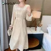 Elegant Women Pleated Dresses Plus Size Vintage Autumn Dress Linning Fashion Square Sleeve Flare Casual with Belt 210601