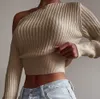 Herfst Winter Damesmode Effen Trui Lange Mouw Diagonale Kraag Off-Shoulder Knitwear Tops Vrouwelijke Warme Sweaters 210521
